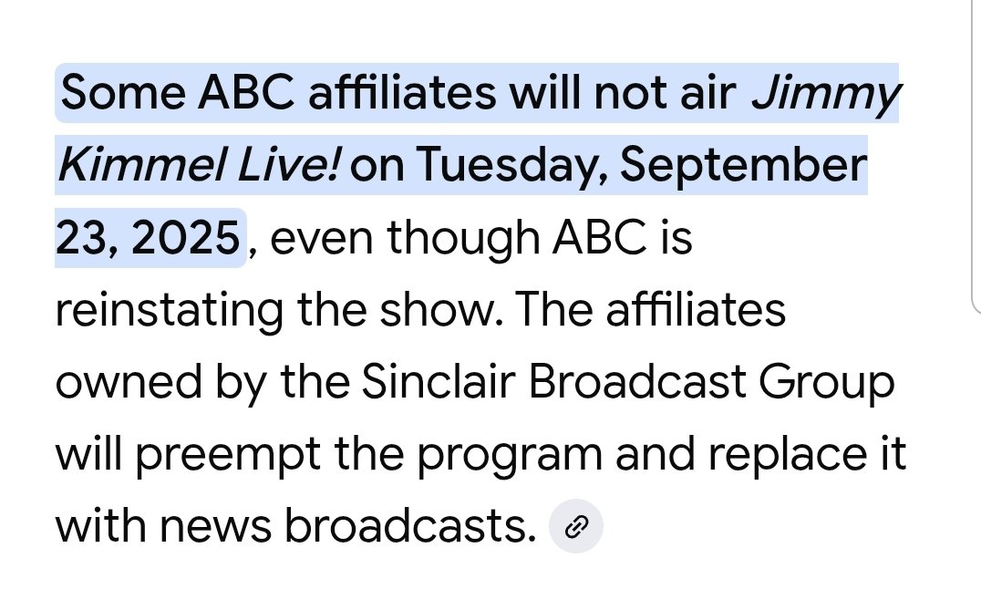 Some of ABC's Sinclair's affiliates not airing Jimmy Kimmel Live Tues, Sep 23, 2025:
 
WJLA-TV: Washington, D.C.

KOMO-TV: Seattle, Washington

KDNL-TV: St. Louis, Missouri

KTUL-TV: Tulsa, Oklahoma

KATU-TV: Portland, Oregon

More: sbgi.net/tv-stations/