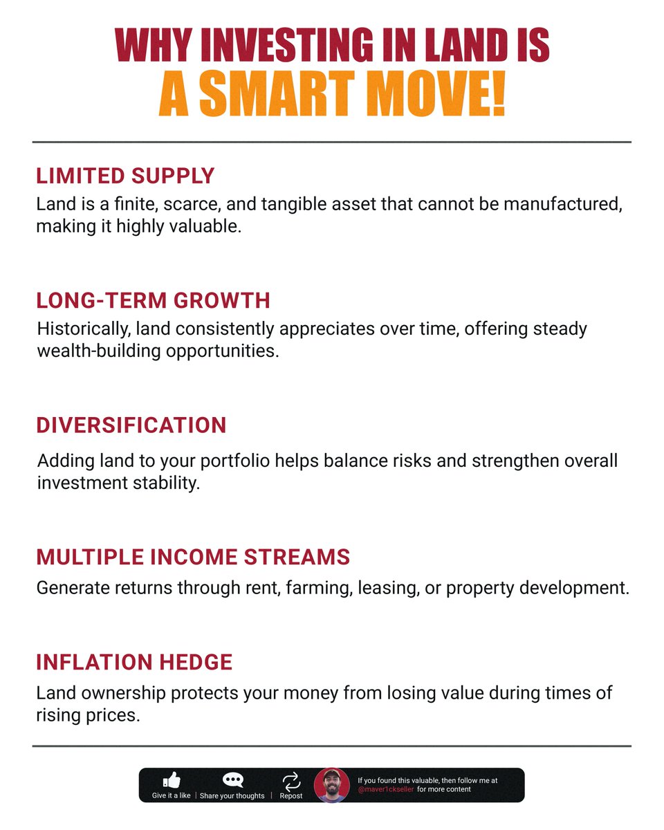 maver1ckseller's tweet image. They’re not making more land 🌍💰 That’s why smart investors know it’s one of the safest, most profitable assets you can own. From long-term growth to multiple income streams—land is where wealth grows. 🌱✨ 
#SmartInvestment #WealthBuilding