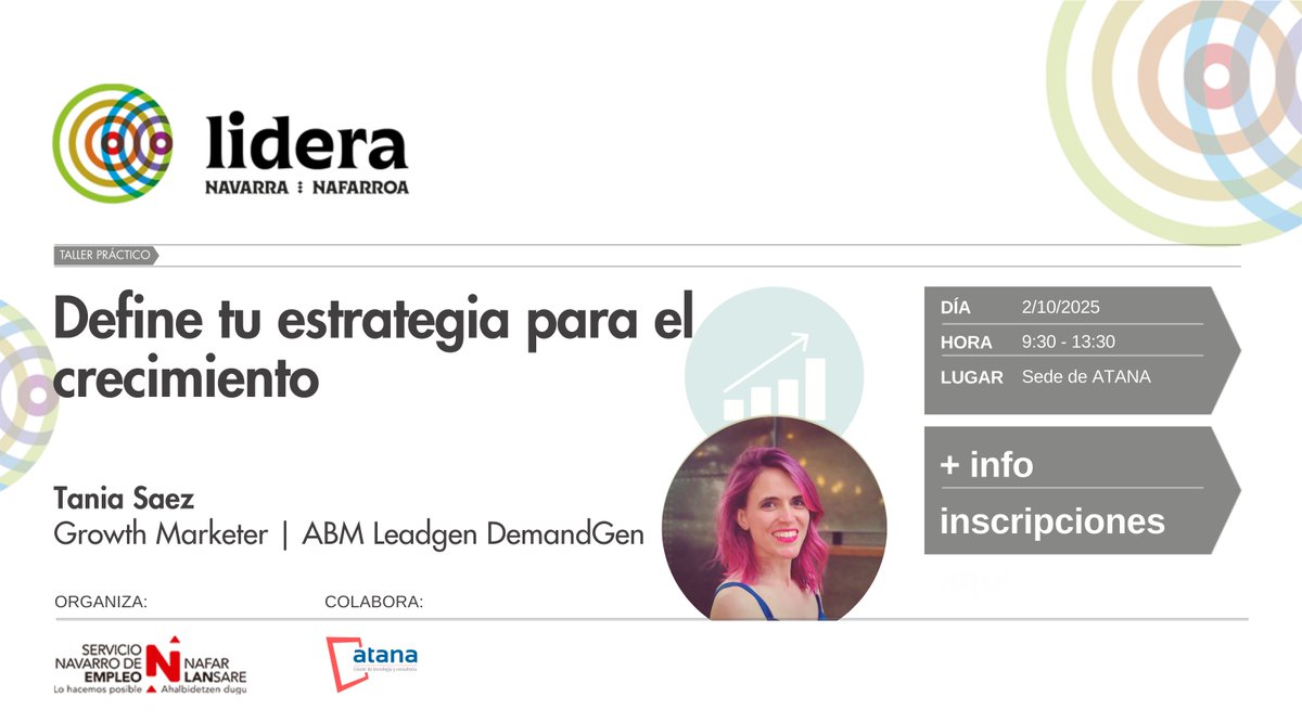 💡 Programa #Lidera de <a href="/empleo_na/">Empleo - Lansare</a> 

Como ya os hemos ido adelantando, en este inicio de curso, vamos a tener a Tania Saez por partida doble.

"Define tu estrategia para el crecimiento".

📅  2 de octubre | 09:30 - 13:30
✍ Inscripciones en bit.ly/47X6k58

#atana #empleo