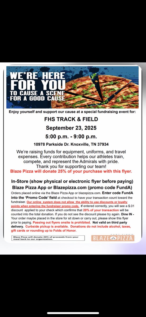 Support Farragut High School Track and Field tonight at Blaze Pizza 🍕 on Parkside Drive!  
5:00-9:00

Check the photo below for more details 

⁦<a href="/AdmiralsXC_TF/">Garrett Jones</a>⁩ ⁦<a href="/Clabo_Crazies/">Clabo Crazies</a>⁩ ⁦<a href="/West105_WFIV/">Farragut Radio</a>⁩