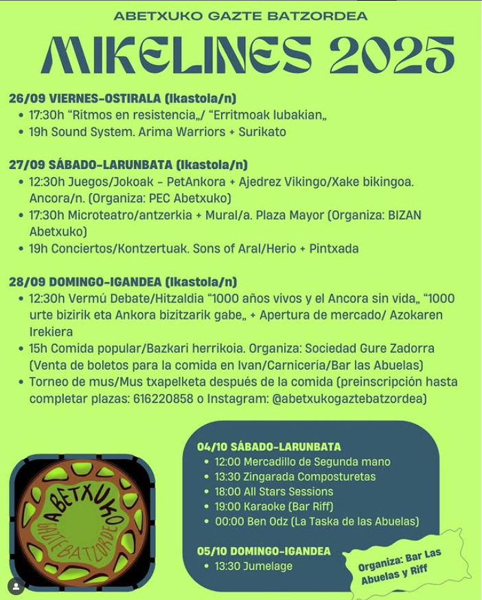 InfoGaztea's tweet image. Mikelines 2025⁣
📌Abetxuko⁣
📅irailaren 26tik 28ra / del 26 al 28 de septiembre⁣
tinyurl.com/yem9hjj9
#DFAlava #jaiak #musika #musica #gazteak #jovenes