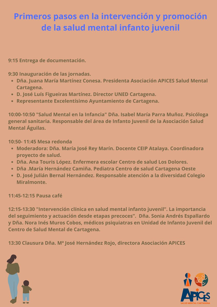 🧠 Se acercan nuestras IV Jornadas Formativas:
 “Primeros pasos en la intervención y promoción de la salud mental infanto-juvenil”
📅 14 de octubre
📍 UNED Cartagena
🕤 9:30 a 13:45

📌 Inscripción: forms.office.com/e/hGGsiB9uby
📞 Info: 968 169 215
#SaludMental #Cartagena
