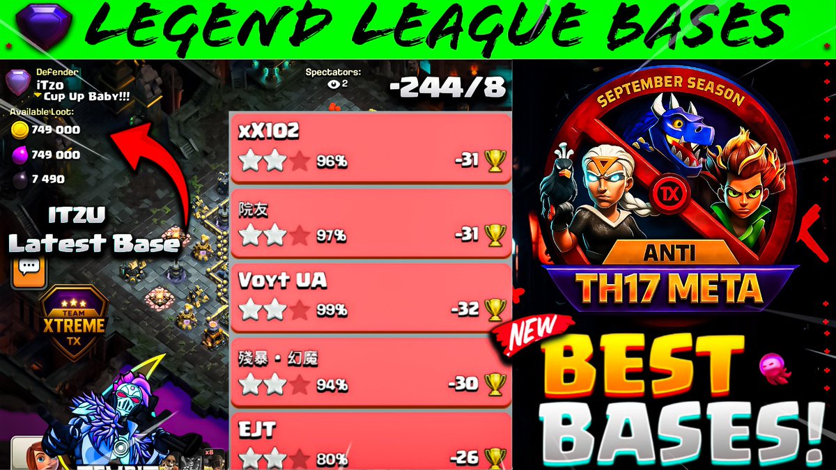 Top 10 September Bases
Range 🏆5900-6100
. 
youtu.be/viFAJ1tQctc?si….
. 
. 
youtu.be/viFAJ1tQctc?si…
. 
. 
#ClashOfClans #legendbases #tx
