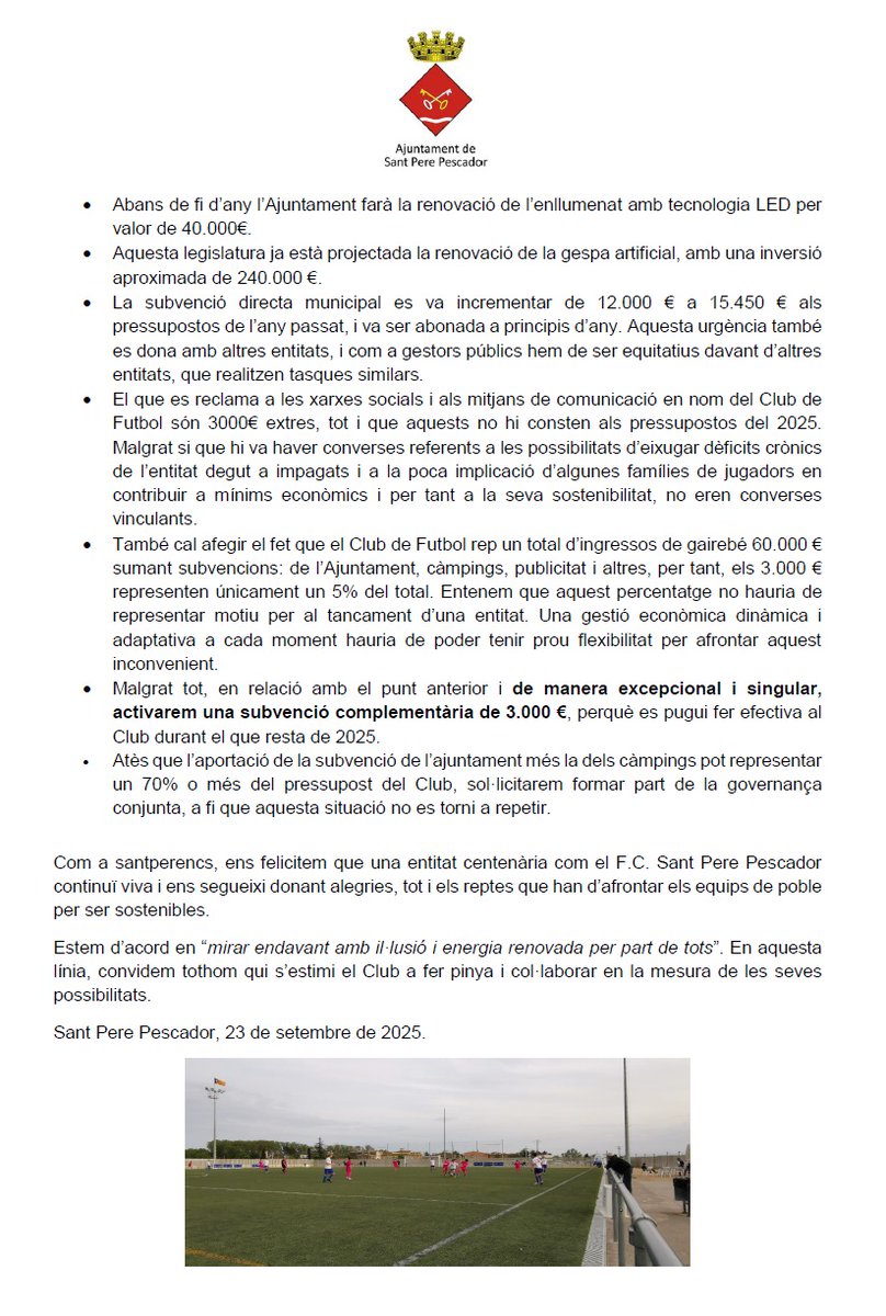 Nota informativa sobre la continuïtat del F.C. Sant Pere Pescador