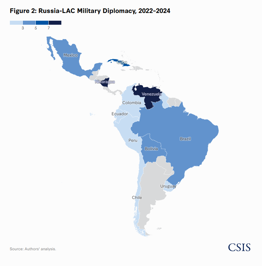 In <a href="/CSIS/">CSIS</a>' new dataset of military diplomacy in #LatinAmerica, #Russia's activities focus on #Venezuela, #Cuba, and #Nicaragua--practically vassal states of the Kremlin.

Check out our <a href="/CSISAmericas/">CSIS Americas</a> dataset on Russia's military diplomacy with Latin America: csis.org/analysis/heart…