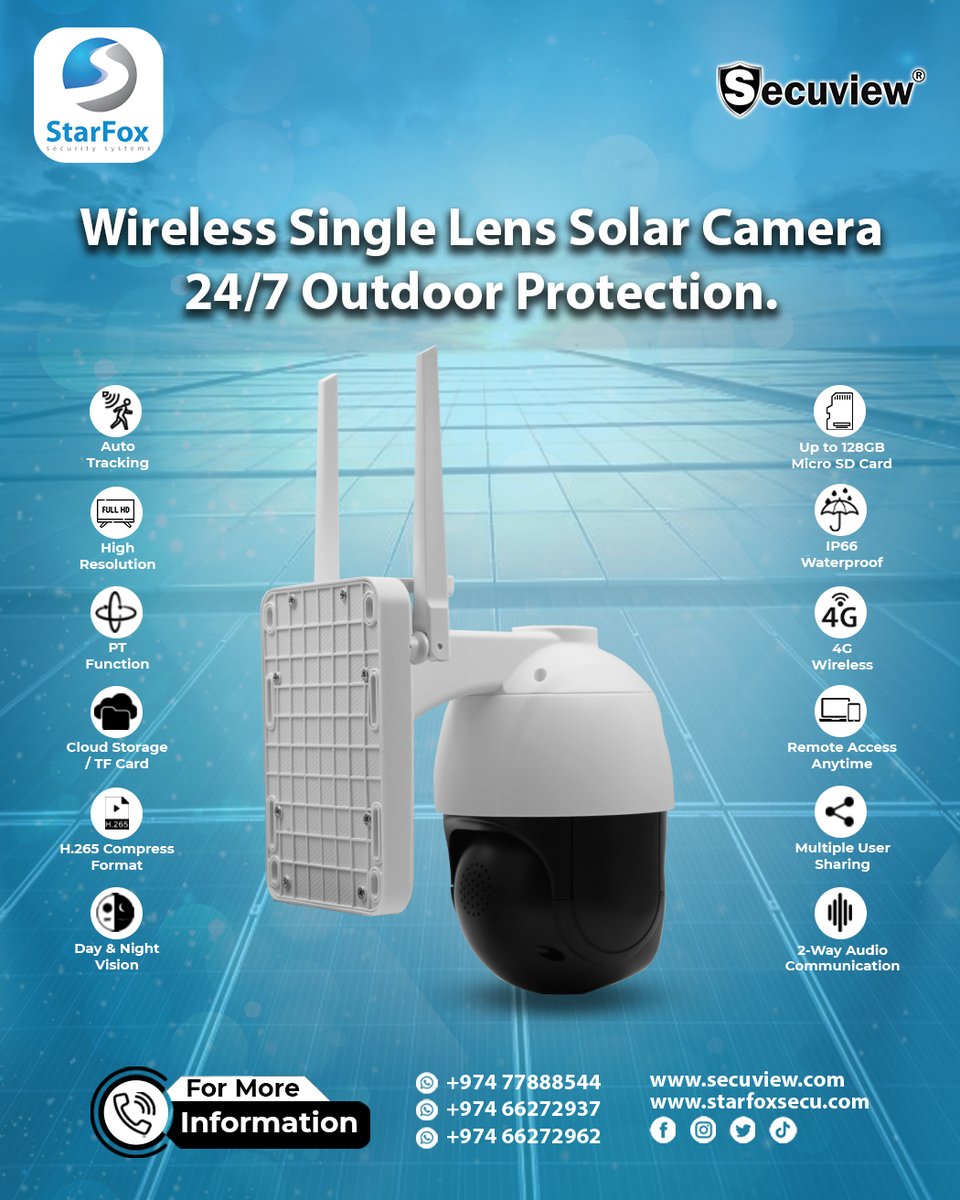 StarfoxSystem's tweet image. Wireless Single Lens Solar Camera – 24/7 Outdoor Protection.
Order Now:
secuview.com/product/secuvi…
Sales: +974 77888544 / 66272962
Shop: +974 66272937
🌐 : starfoxsecu.com
#solarPTZCamera #4gsinglelenscamera #singlelenstechnologycamera #fullcolornightcamera #SurveillanceTech