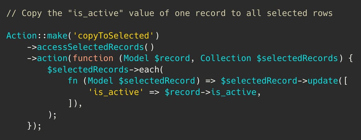 PovilasKorop's tweet image. Tip on @filamentphp.
Did you know Table row actions can also access *all selected records*?
Use `selectable()` + `accessSelectedRecords()` when you want a single row action to apply to multiple checked rows.
Link to docs: filamentphp.com/docs/4.x/table…
#practicalFilamentDocs