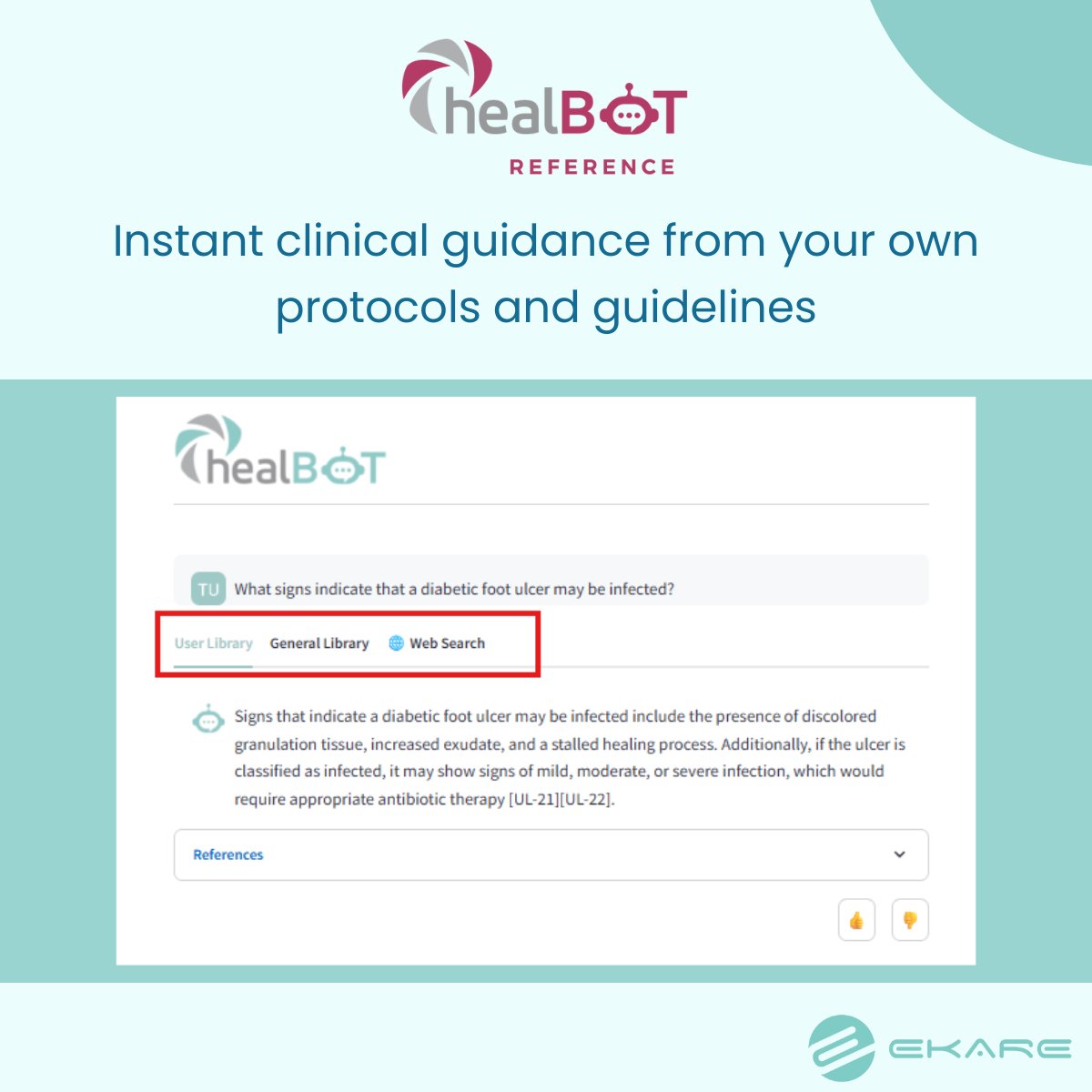 eKare_ai's tweet photo. ✨ Meet healBot Reference 
Upload your practice guidelines, protocols, or reference materials and instantly get answers to clinical questions. https://t.co/NYuCghIabQ