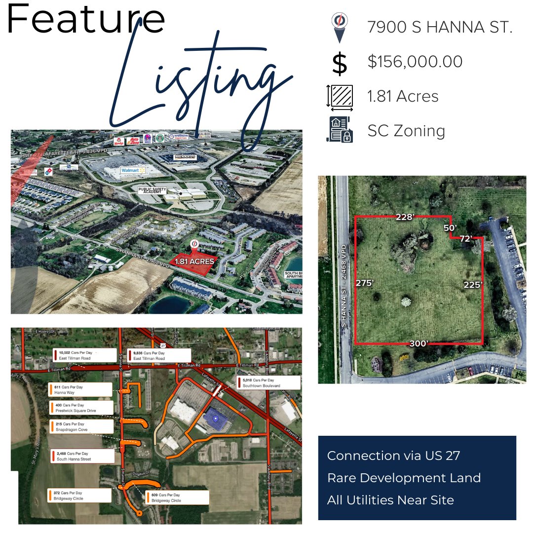 XplorCommercial's tweet photo. 🚨 Land for Sale! 🚨 1.81 acres at 7900 S Hanna St, Fort Wayne – $129K. SC zoning, 275’ frontage, 2,468 VPD. Surrounded by Walmart, Aldi, Starbucks &amp; more. 📞 Patrick Romary 260-410-1103 | https://t.co/cEL7y9wg1t https://t.co/rbnKQUrofH