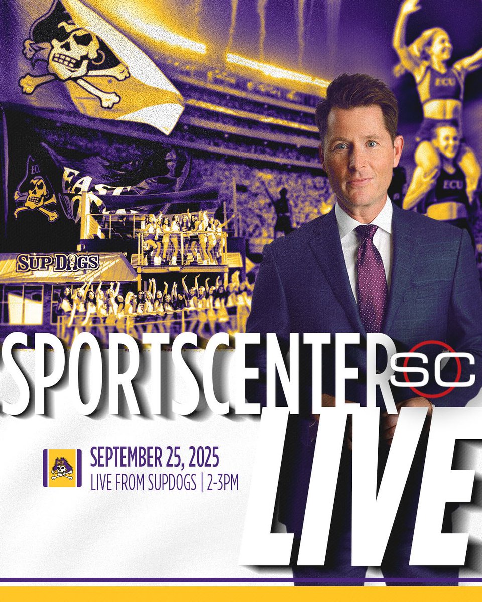 ECU Football (@ecupiratesfb) on Twitter photo Sportscenter is heading to Greenville!
Join <a href="/MattBarrie/">Matt Barrie</a> and the <a href="/SportsCenter/">SportsCenter</a> crew <a href="/SupDogsECU/">Sup Dogs</a> before our game against Army 🏴☠️ Sportscenter is heading to Greenville!
Join <a href="/MattBarrie/">Matt Barrie</a> and the <a href="/SportsCenter/">SportsCenter</a> crew <a href="/SupDogsECU/">Sup Dogs</a> before our game against Army 🏴☠️