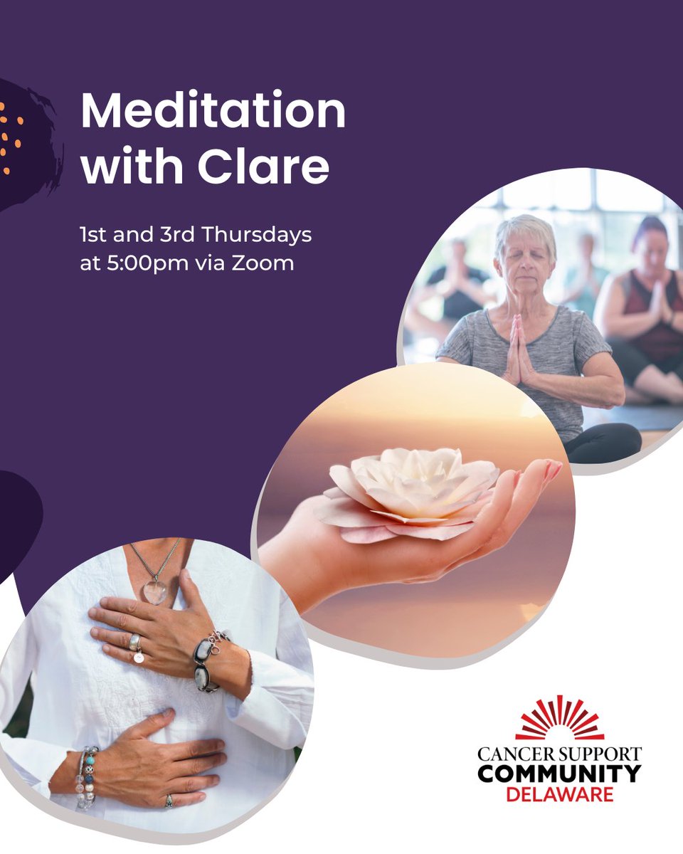 CancerSupportDE's tweet image. Join us for Meditation in-person in our NCC office with Nicole on Thursdays at 1:30pm, or virtually with Clare on the 1st and 3rd Thursdays at 5:00pm. Register to join us at: form.jotform.com/212024482588154
#CSCDE #CancerSupport #CancerAwareness #MentalHealthAwareness #CancerSurvivor…