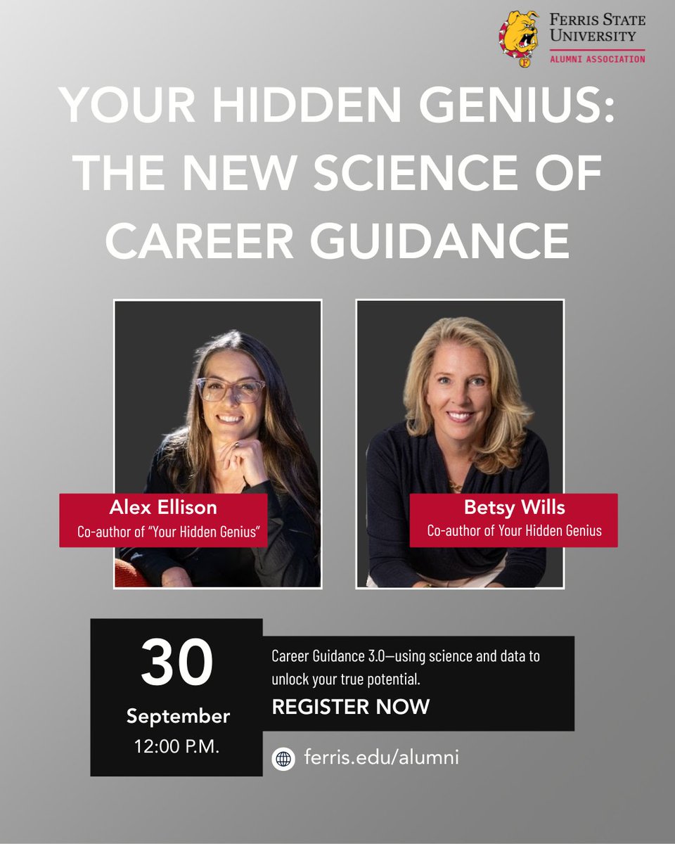 Feeling stuck in your career? 

Join Betsy Wills &amp; Alex Ellison, authors of Your Hidden Genius, for a webinar on Career Guidance 3.0—a science-backed way to uncover your talents.

Register at ferris.edu/alumni 🐶
#FERR1S #BeABulldog #FerrisForward