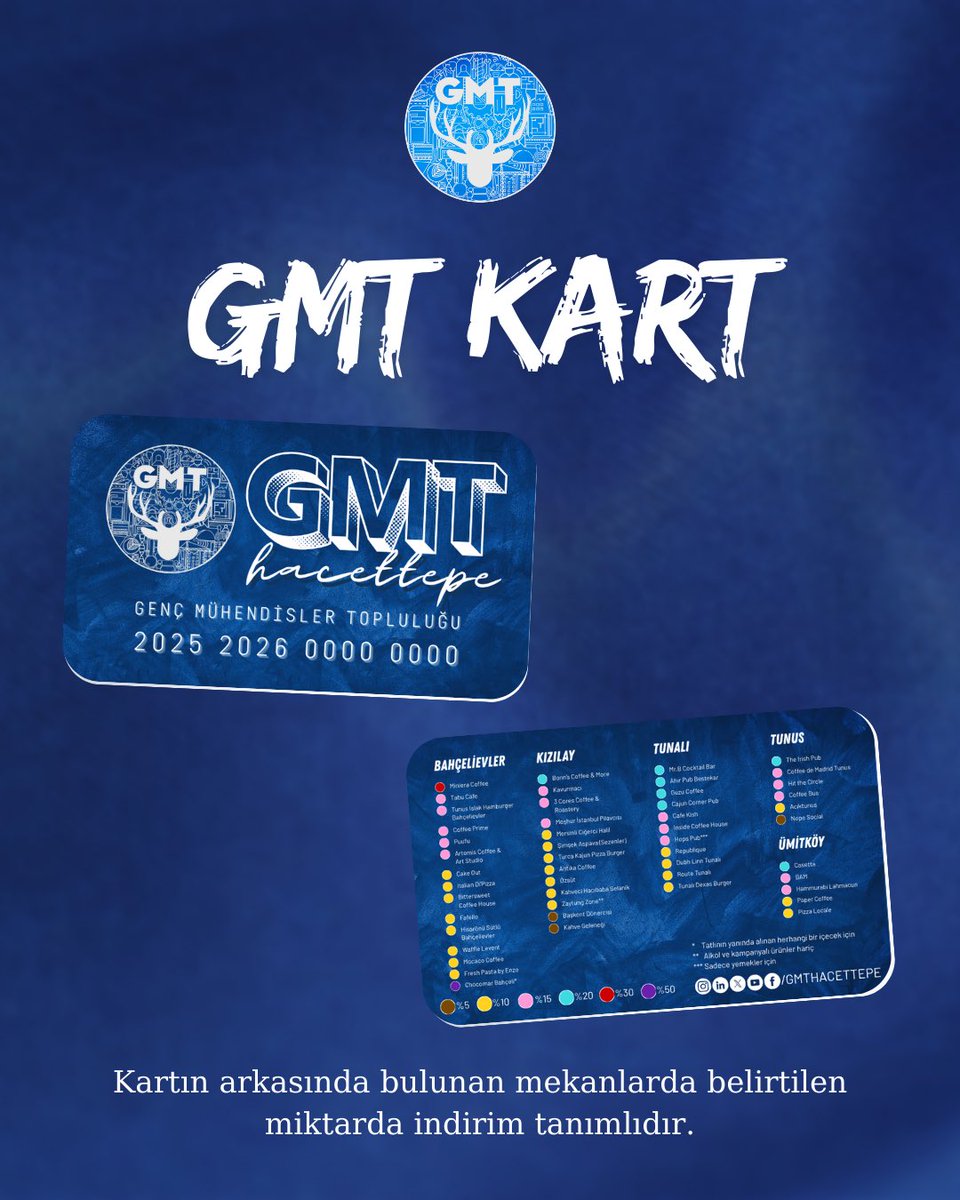 Her sene olduğu gibi bu sene de GMT kart ile Ankara’nın en sevilen mekanlarında senin için özel indirimler ayarladık. 🤩

Daha fazla bilgi edinmek istersen seni standımıza bekliyoruz!💙✨