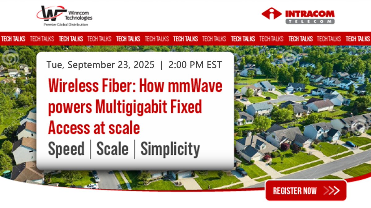 WinncomTech's tweet image. ➡️ Tech Talk by @IntracomTelecom Ep. 2: Wireless Fiber: How mmWave Powers Multigigabit Fixed Access at Scale
🗓️ Tuesday, September 23rd (TODAY)
🕑 2:00pm EST
Receive a special gift for attending!
🔗 Register: ow.ly/NftZ50WNE3O
