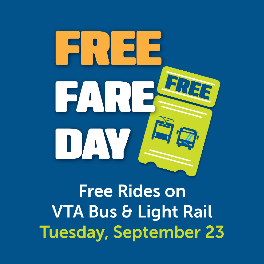 VTA's tweet image. Today is VTA's Free Fare Day! In celebration of #TransitMonth and our 30th, we're saying thank you to riders by offering FREE bus and light rail service Tuesday, Sept. 23, 2025. 🎉

Tag us on social as you #VTAYourWay to adventure. We can’t wait to see you on board!