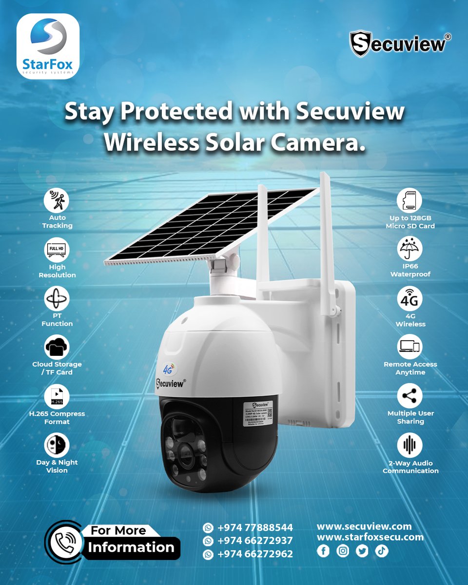 StarfoxSystem's tweet image. Stay Protected with Secuview Wireless Solar Camera.
Order Now:
secuview.com/product/secuvi…
Sales: +974 77888544 / 66272962
Shop: +974 66272937
🌐 : starfoxsecu.com
#solarPTZCamera #4gsinglelenscamera #singlelenstechnologycamera #fullcolornightcamera #SurveillanceTec