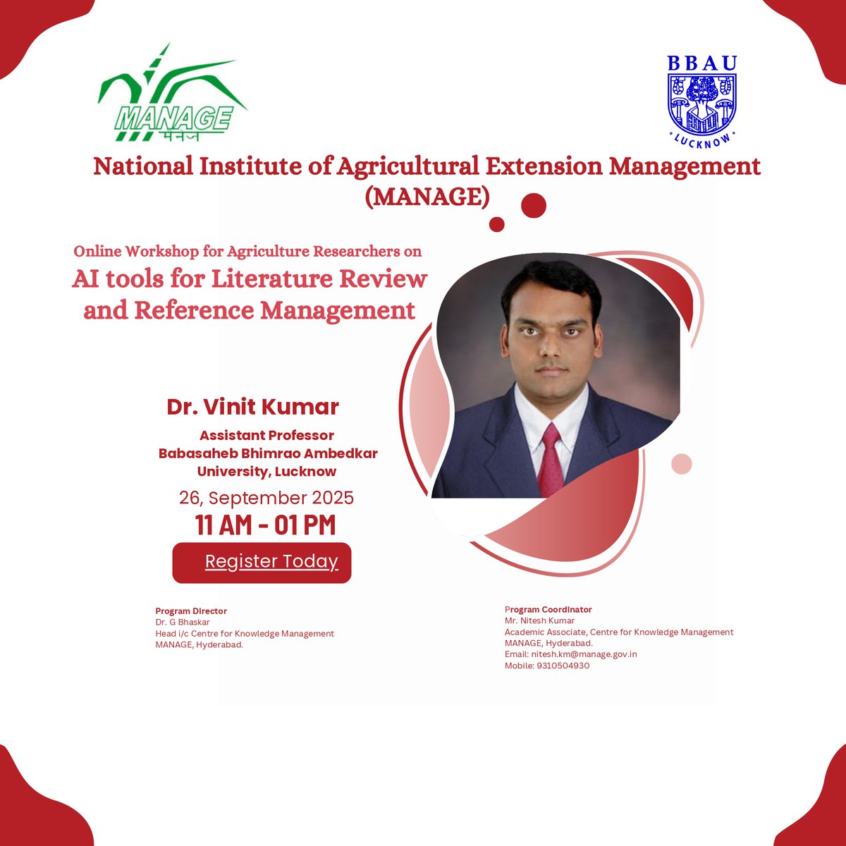 Register for an Online Workshop for Agriculture Researchers on Al tools for  Literature Review and Reference Management Resource Person: Dr. Vinit  Kumar, Assistant Professor, BBAU Lucknow Date: 26th Sep. 2025 Time: 11:00, image size:1200x1200