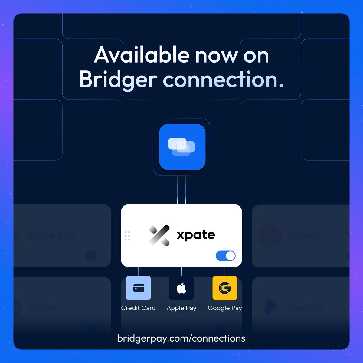 📢  XPATE is now plugged into BridgerPay!

#Seamless multi-currency support, card processing + Apple Pay® &amp; Google Pay™.

Lightning-fast, mobile-first #payments with a drag-and-drop checkout experience.

More info 👉 ow.ly/UtuT50WZouV