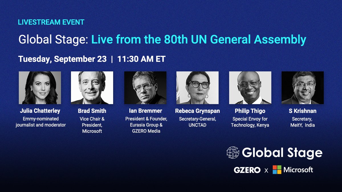 gzeromedia's tweet image. How can the UN help less developed countries adopt & win at AI?
Today at 11:30 AM ET, watch our #GlobalStage conversation with @ianbremmer, @BradSmi, @RGrynspan, @pthigo, @SecretaryMEITY & @chattwithjulia.
@MSFTIssues
gzeromedia.com/global-stage