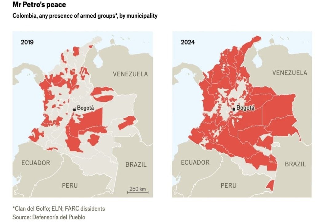 🚨🇨🇴 ALARMANTE 

The Economist muestra el mapa de Colombia: presencia de grupos armados en 2019 vs 2024.

Gustavo Petro le entregó el país a los criminales…… Colombia está sitiada por la guerrilla y el narcotráfico.