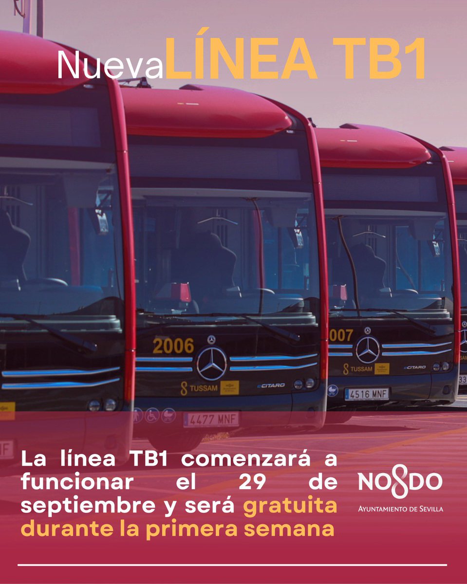 El próximo 29 de septiembre comienza a funcionar la Línea TB1🚍 de <a href="/tussamoficial/">TUSSAM</a>.

❗️Durante la primera semana, el servicio será GRATUITO.

🤝Ampliamos las opciones de transporte público para hacer de Sevilla una ciudad ágil y sostenible.