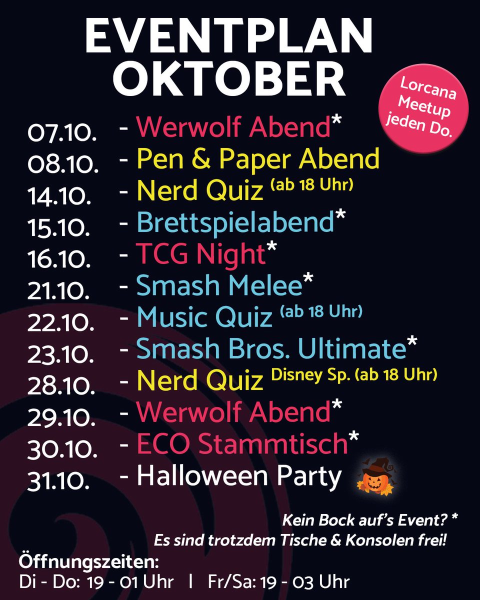 Im Oktober haben wir natürlich wieder unsere allseitsbeliebten Eventreihen für euch. Außerdem hält das Nerd Quiz erneut ein Special für euch bereit: Das Disney Special am 28.10. Und wie jedes Jahr feiern wir natürlich wieder Halloween mit euch.