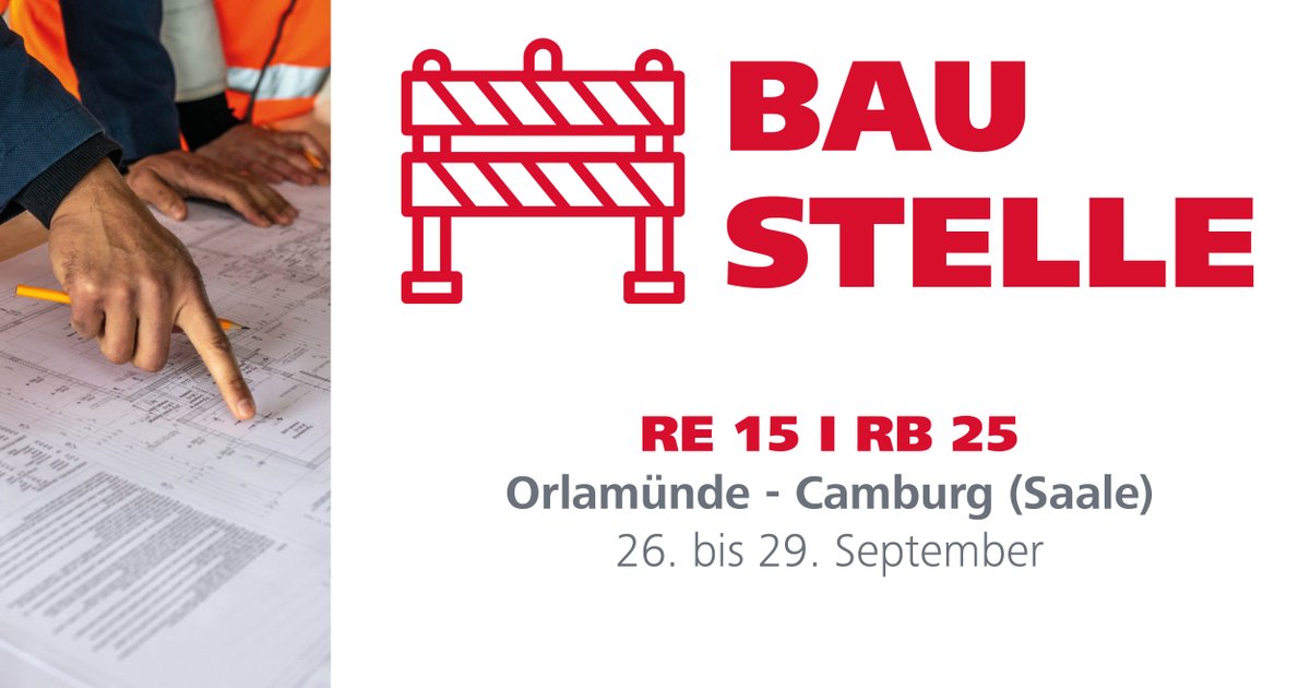 Bauarbeiten der #DB: Die #Saalebahn wird vom 26. - 29.9. zwischen #Jena-#Göschwitz und #Orlamünde gesperrt, in den Nächten auch zwischen #Camburg und Jena-Göschwitz. Es fahren Busse im #SEV. #RE15 #RB25