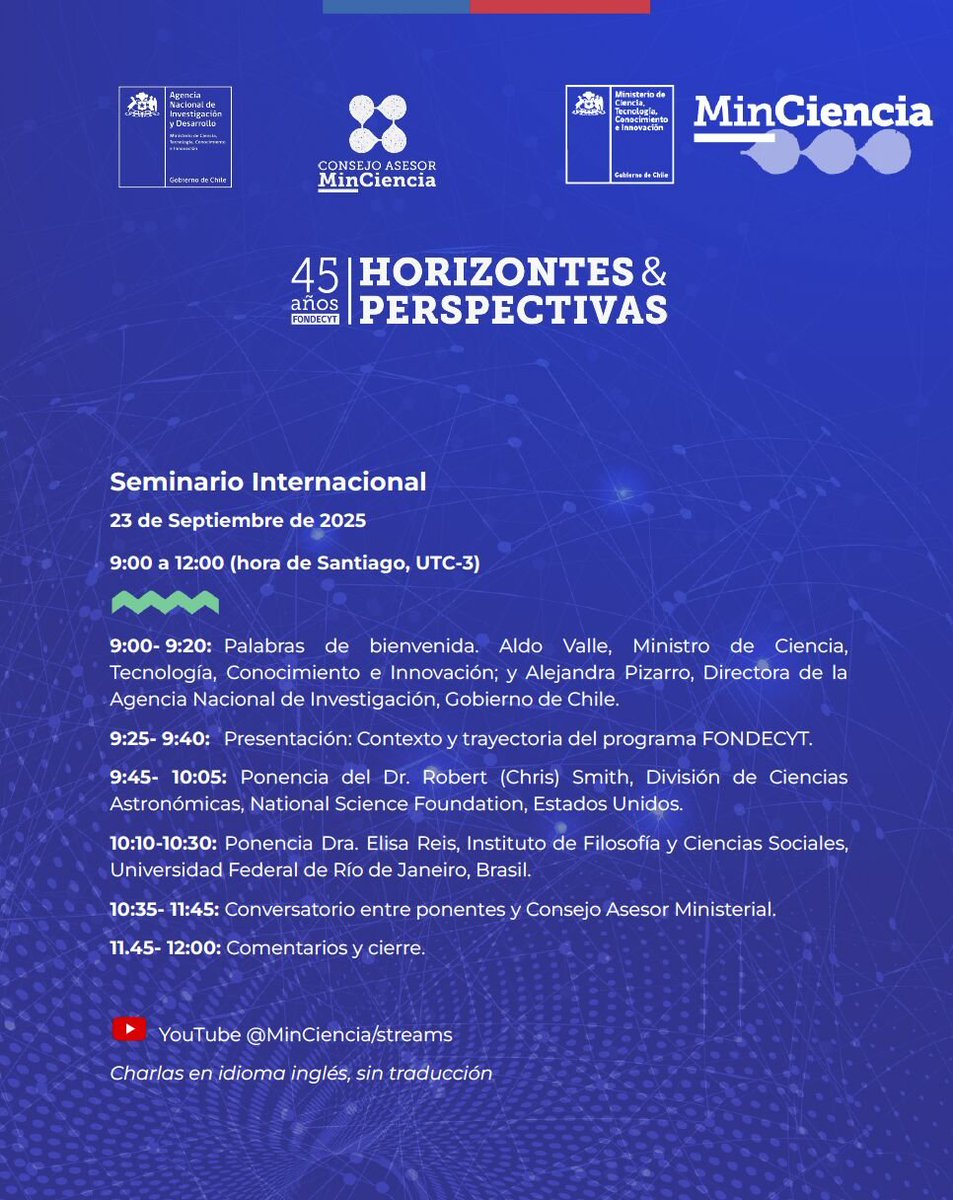 Estamos cerca de cumplir 45 años desde la creación del Fondecyt . El mundo y Chile cambiaron, nuestro sistema de CTCI creció, las tecnologías evolucionaron y Fondecyt se hizo más complejo.

AHORA Martes 23 de Septiembre 9-12hrs Seminario Sobre Fondecyt

youtube.com/watch?v=sS8IyJ…