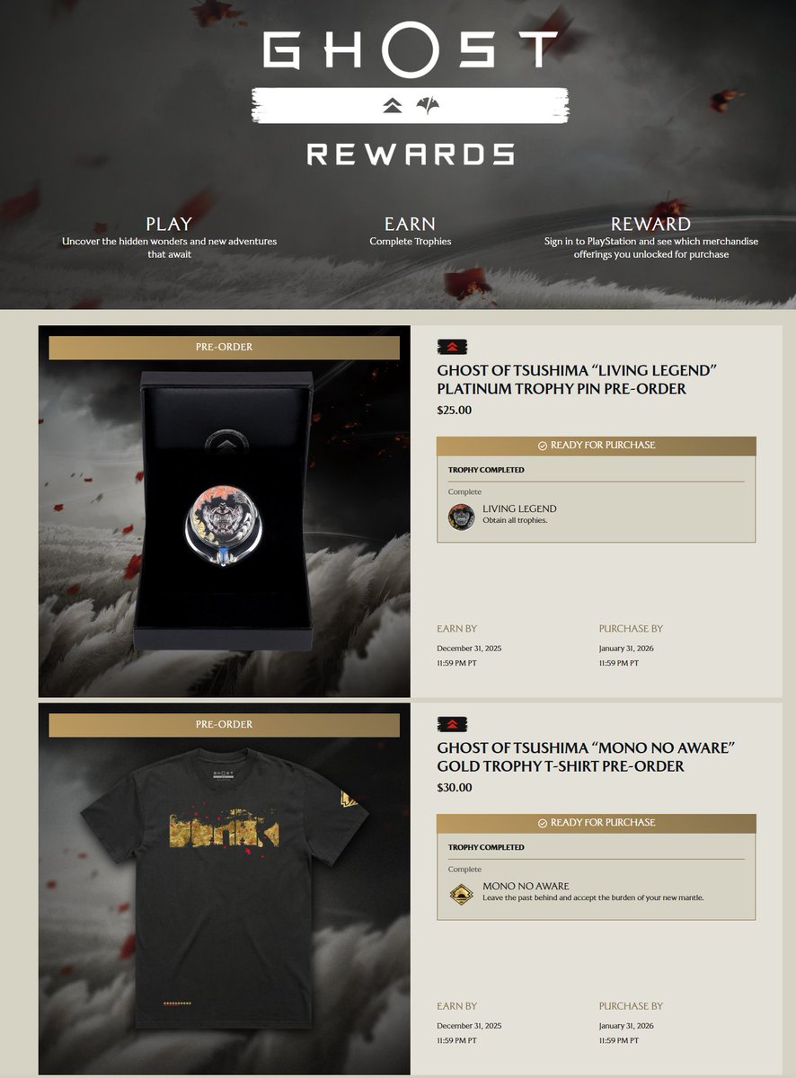 Sony announces Franchise Rewards: a new merchandise program that celebrates your in-game achievements with special collectibles — beginning with Ghost Rewards for Ghost of Tsushima blog.playstation.com/2025/09/23/gho…

ghostrewards.playstation.com

Ghost of Tsushima Pin/T-shirt for $25/$30

Ghost