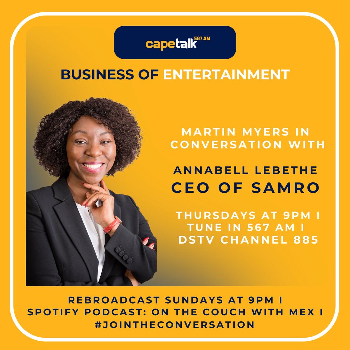 SAMROMusic's tweet image. #RadioInterview:

SAMRO CEO Annabell Lebethe joins @CapeTalk just after 9 PM on Thursday, 25 September, on the Business of Entertainment with @MartinMyers.

Date: 25 September 2025
Time: 21:00
Media: Cape Talk

Don’t miss this insightful conversation on the business side of the…