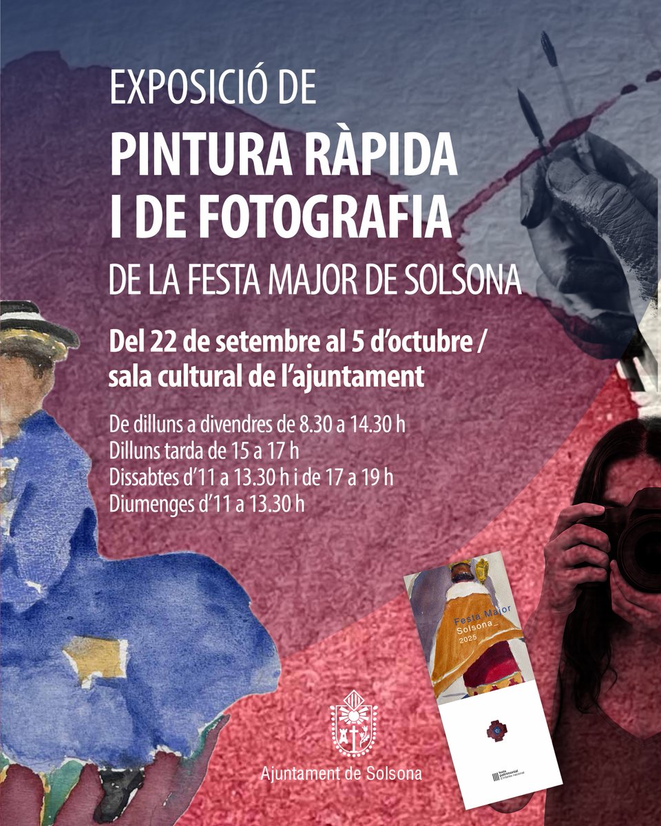 🖼️ #Solsona exposa la dotzena d'obres del 44è Concurs de pintura ràpida i les 25 imatges del 10è Concurs de fotografia de la #FestaMajor.

📆 La mostra es pot veure diàriament a la sala cultural de l'ajuntament fins al 5 d'octubre

ajsolsona.cat/la-ciutat/esde…