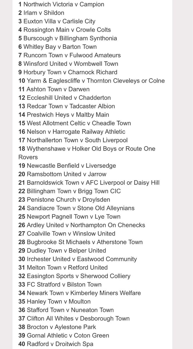 Ollie_Bayliss's tweet image. The draw for the FA Vase 1st Round proper has been published.

Ties to take place on Saturday 18th October.