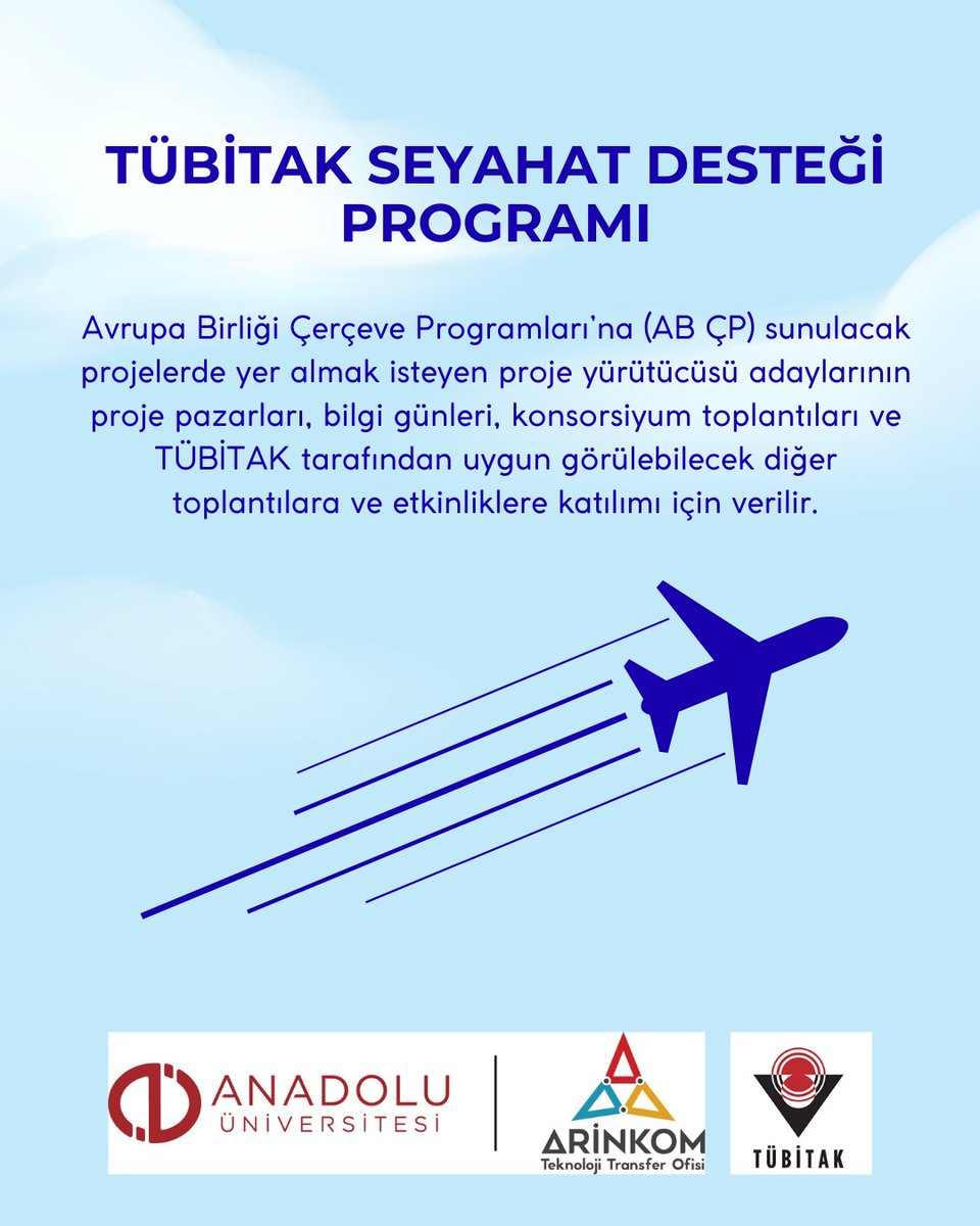 📢TÜBİTAK Seyahat Desteği Programı ile AB ÇP projelerine katılmak isteyen akademisyenler, kamu &amp; özel sektör çalışanları destekleniyor.
✈️ Kapsam: proje pazarları, bilgi günleri, konsorsiyum toplantıları &amp; diğer etkinlikler
📝 Başvurular sürekli açık!
🔗 ufukavrupa.org.tr/tr/tubitak-des…