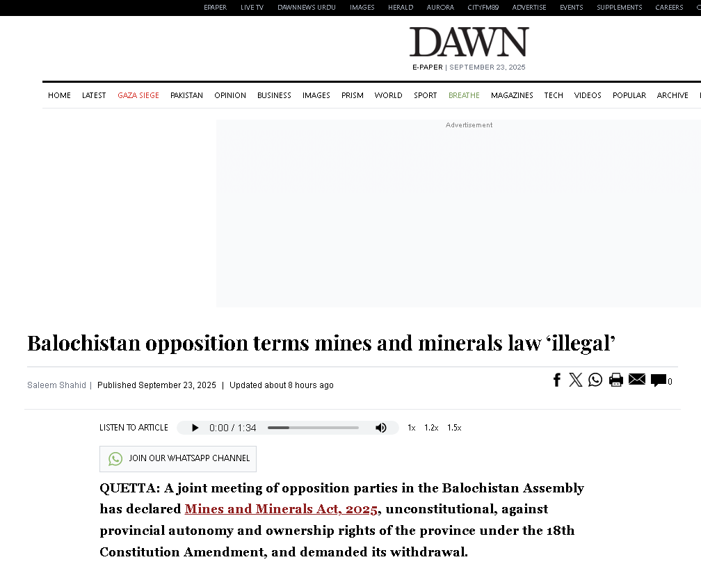 #Balochistan's opposition has outright rejected #Pakistan’s new Mines &amp; Minerals Act 2025, branding it unconstitutional and a blatant assault on provincial autonomy. By snatching away Balochistan’s resource ownership guaranteed under the 18th Amendment, Islamabad has once again