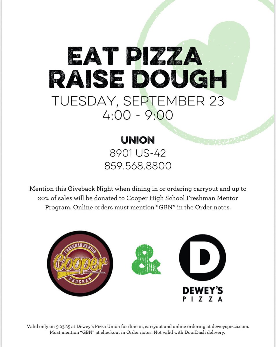 Please consider stopping by Dewey’s in Union tonight and mention the Cooper Freshmen Mentoring Program. Online and carry out orders also benefit us as long as you mention the Give Back Night or type in Cooper FMP GBN in your order notes <a href="/RCHS_Jaguars/">Cooper HS</a>