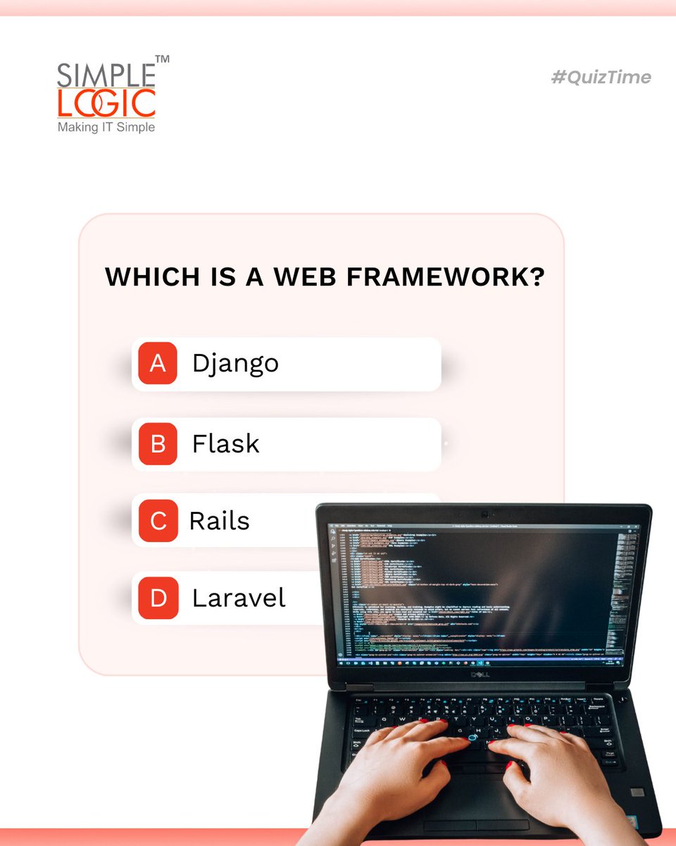 SimpleLogic_IT's tweet image. #QuizTime
Which is a web framework?  
A) Django 🐍
B) Flask ⚗️
C) Rails 💎
D) Laravel 🛠️

Comment your answer below👇

 #quizmaster #webframework #framework #django #flask #rails #laravel

#makeitsimple #simplelogicit #simplelogic #makingitsimple #itservices #itconsulting