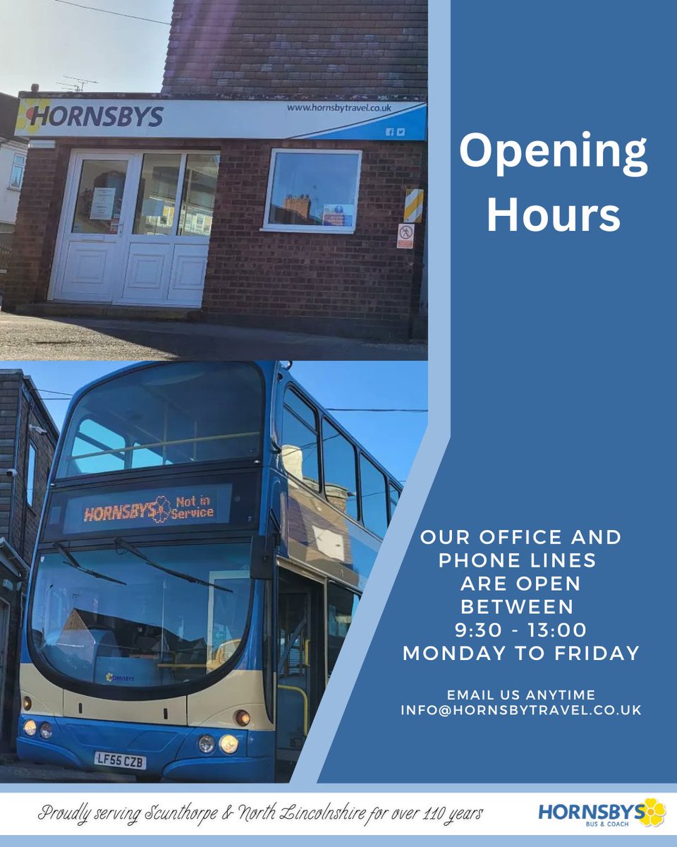 It’s Saturday – our office is closed today, but our buses are still out and about across North Lincolnshire!

Do you need to know where your bus is? 🚌 You can track it in real time using the MyTrip app—just search Hornsby Travel and you’re good to go.

Have a great weekend!