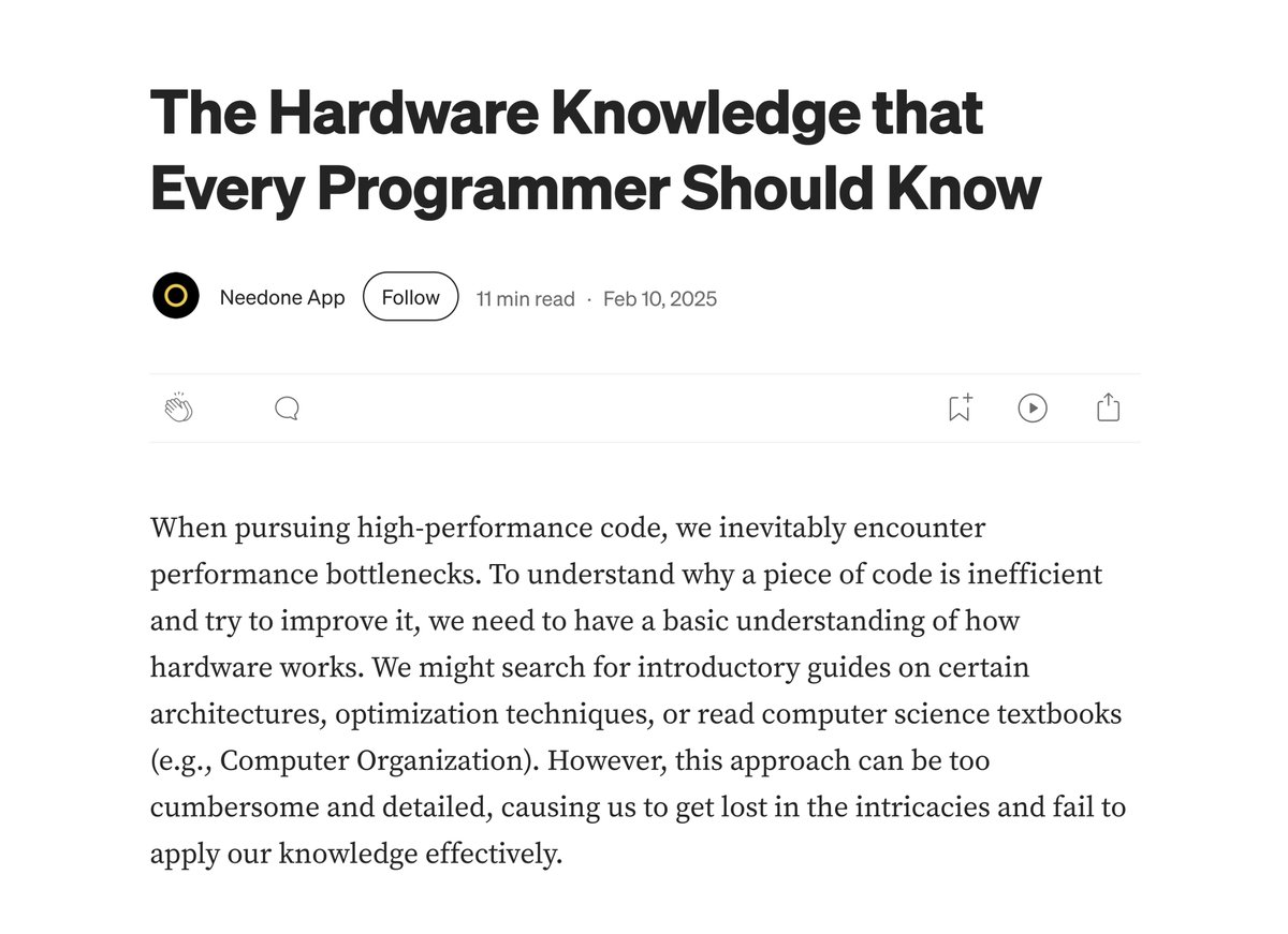 A good, light read on hardware basics such as cache, prefetch, false sharing, and branches.

needoneapp.medium.com/the-hardware-k…