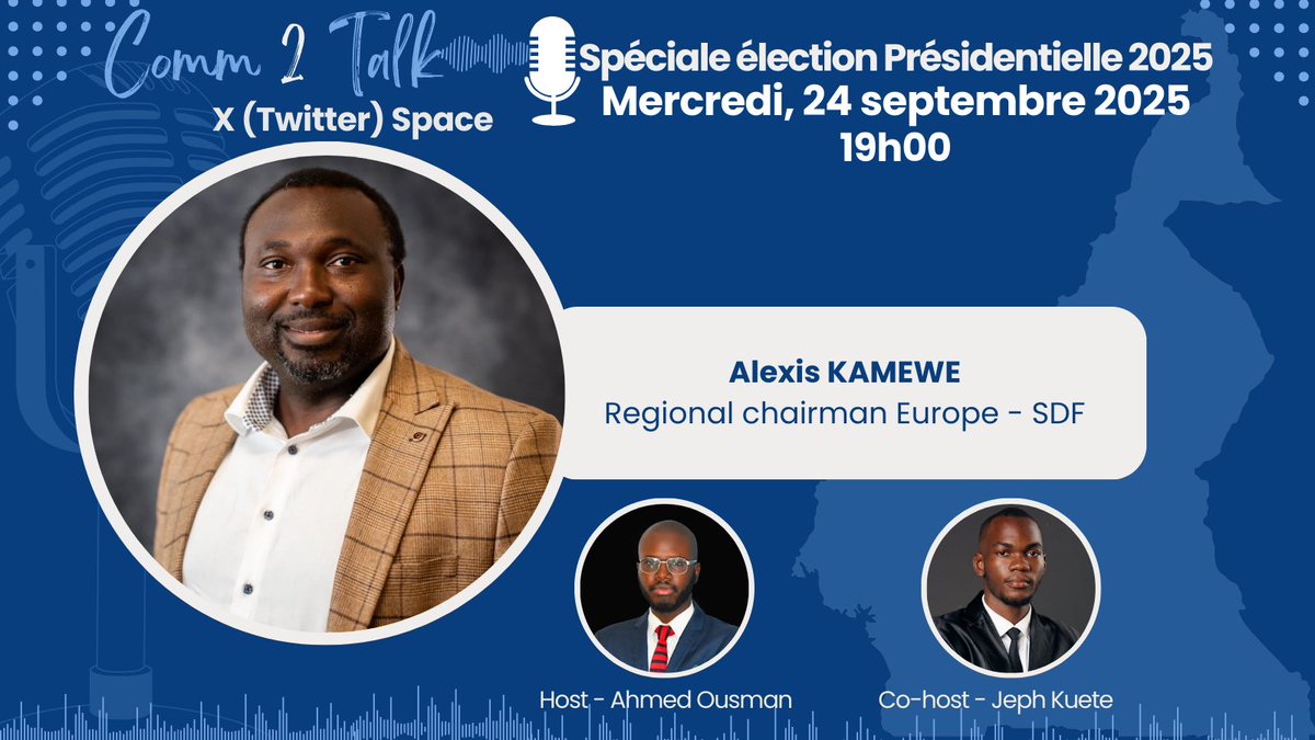 comm2talk's tweet image. 🎙️Édition spéciale présidentielle 🇨🇲

Ce mercredi dès 19h, nous accueillons @AKamewe qui viendra nous présenter le programme et l’ambition du candidat du SDF, @JoshuaOsih.