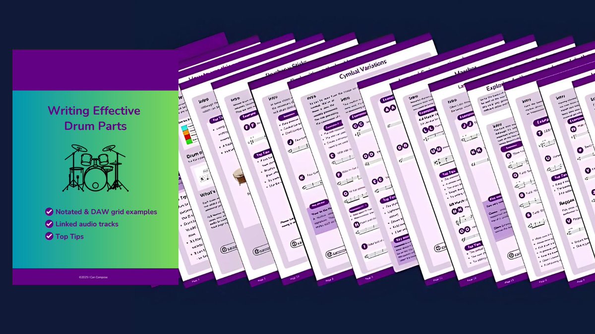 i_can_compose's tweet image. NEW! Writing Effective Drum Patterns booklet with audio 

- 23 page downloadable booklet
- all examples in notation &amp;amp; grid format
- linked to online audio tracks
- Top tips &amp;amp; key words

tinyurl.com/3ruacwp7