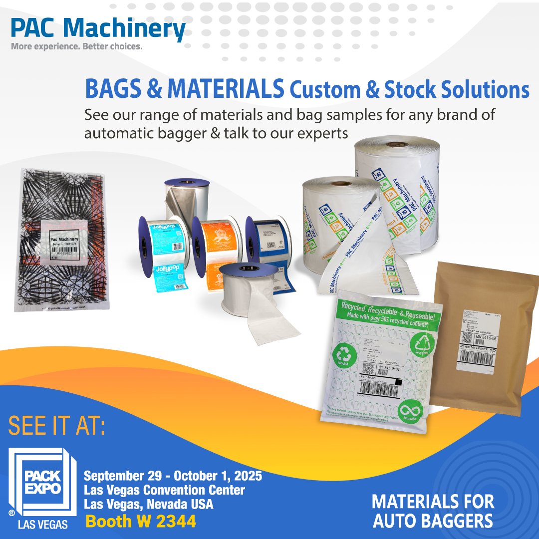 Pac_Machinery's tweet image. Got an #automaticbagger? We’ve got the bags and materials! 
Visit #PACKEXPOLasVegas Booth W-2344 see why we’re a 1-stop shop for #autobaggers &amp;amp; #bags

✅ Stock &amp;amp; custom options
✅ NEW barcode-blocking bags
✅ #Sustainablepackaging 
pacmachinery.com/event/pack-exp… #packexpo