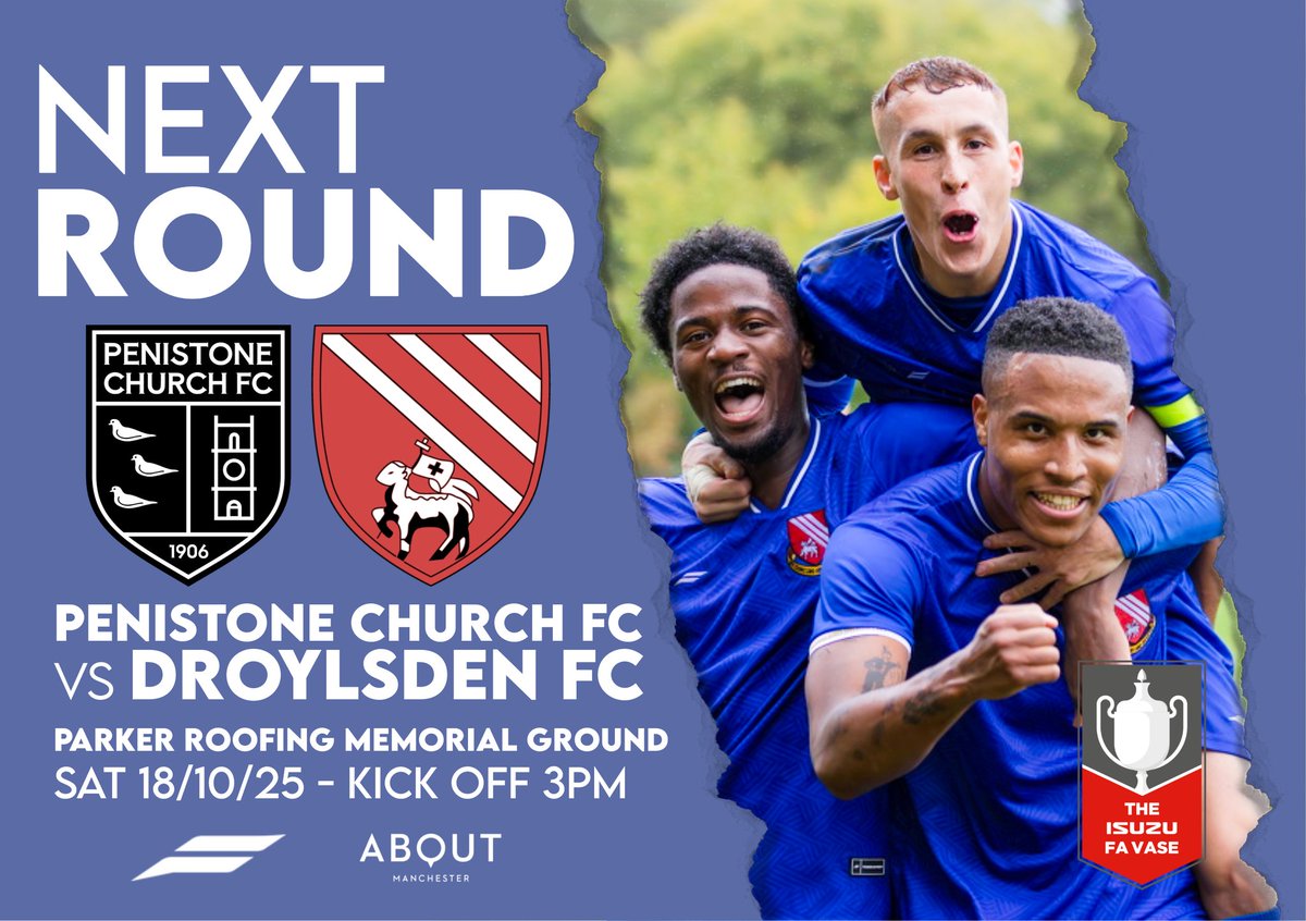 FA VASE DRAW!!!

The draw for the First round proper of the <a href="/thefavase/">TheFavase</a> has been made, and it's another trip to Yorkshire for the Bloods, as we've been drawn away against <a href="/pcfc1906/">Penistone Church FC</a>.

The tie will take place 18th October, with a 3pm KO!

Hope to see you there Bloods!

#UpTheBloods