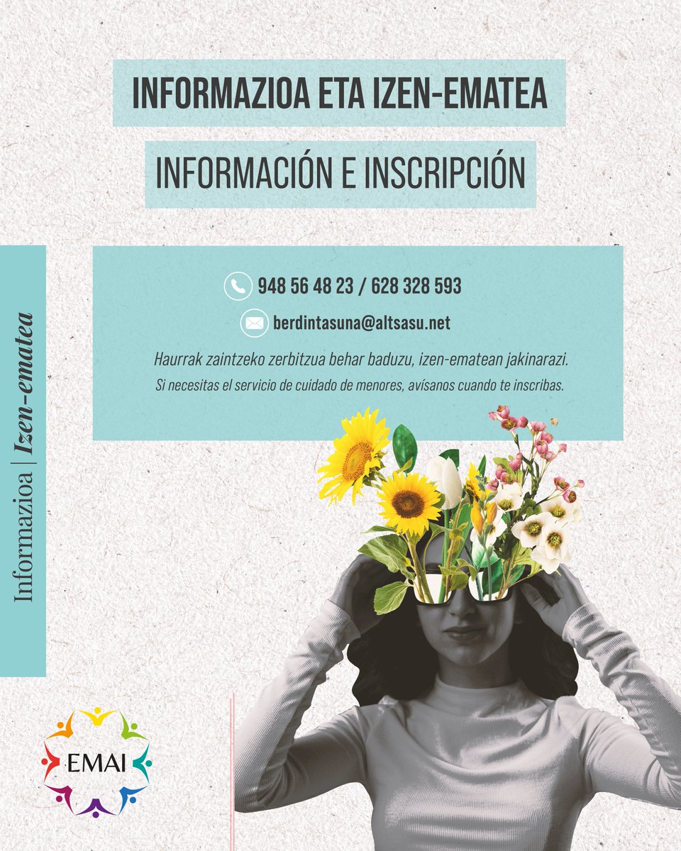 EMAI-EMAKUMEEN AHALDUNTZERAKO GUNEA 
Prest dugu udazkeneko programazioa! 🍂✨🍁
EMAI ESPACIO PARA EL EMPODERAMIENTO DE LAS MUJERES
¡Ya tenemos la programación de otoño! 🍂✨🍁
ℹ️👉labur.eus/o4evd9ve
Animatu eta parte hartu! 😊