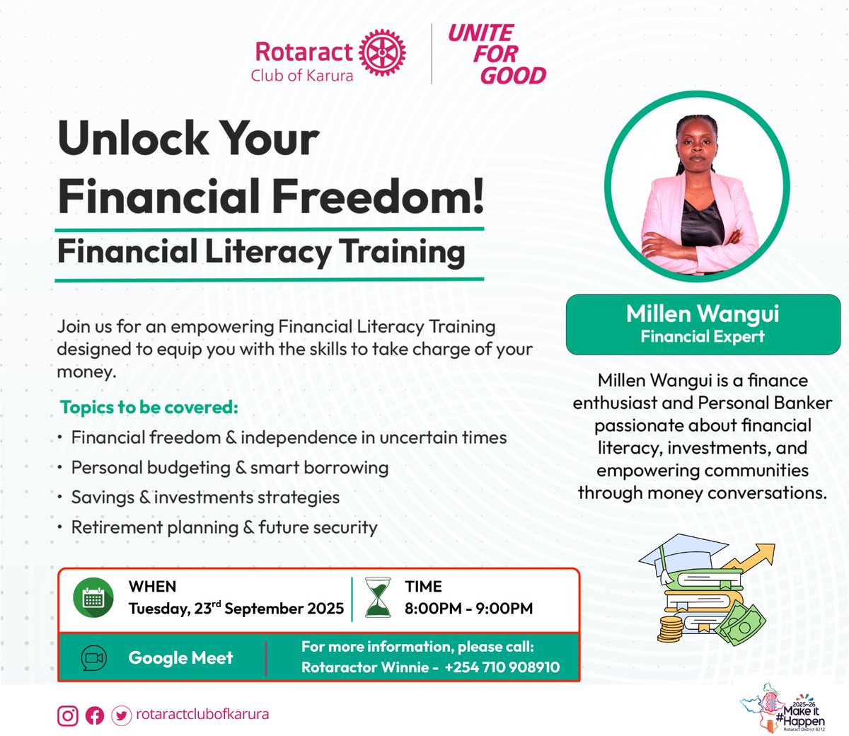 Ready to get unstuck with your finances?
Join us for an eye-opening Financial Literacy Training with Millen Wangui – your guide to smarter money moves and financial freedom.
📅 23rd Sept | 🕗 8:00 PM
📍 Google Meet
💡 Don’t just manage your moneymake it work for you
#MoneyMatters
