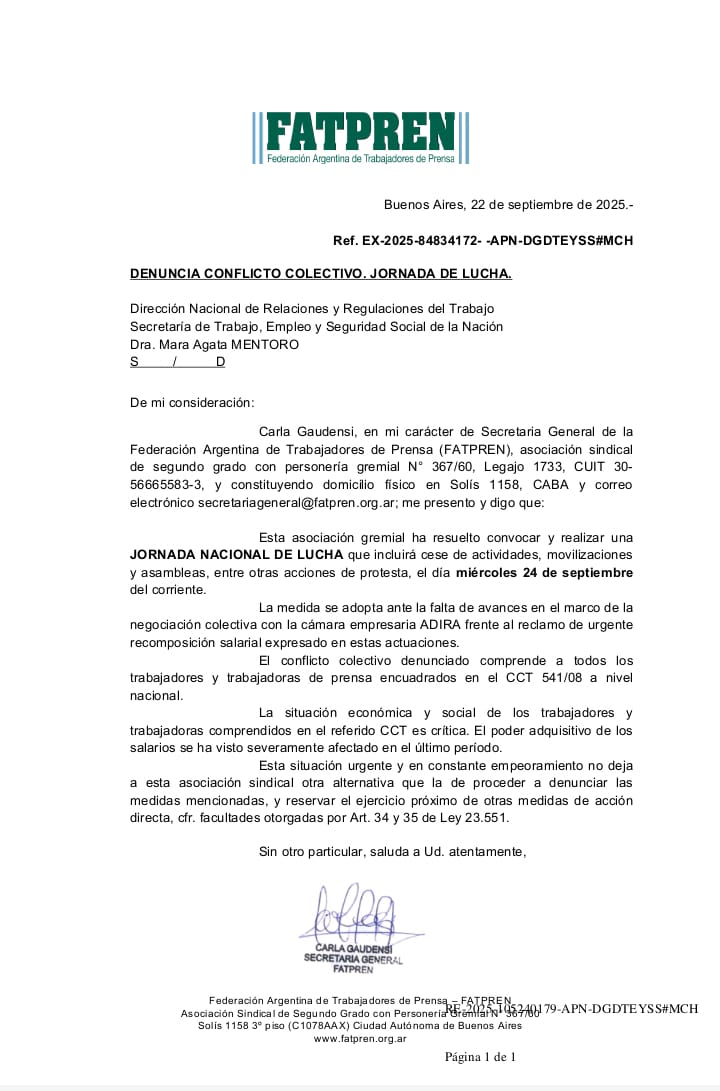 JORNADA DE LUCHA 
MIÉRCOLES 24 DE SEPTIEMBRE 
#FATPREN #prensa