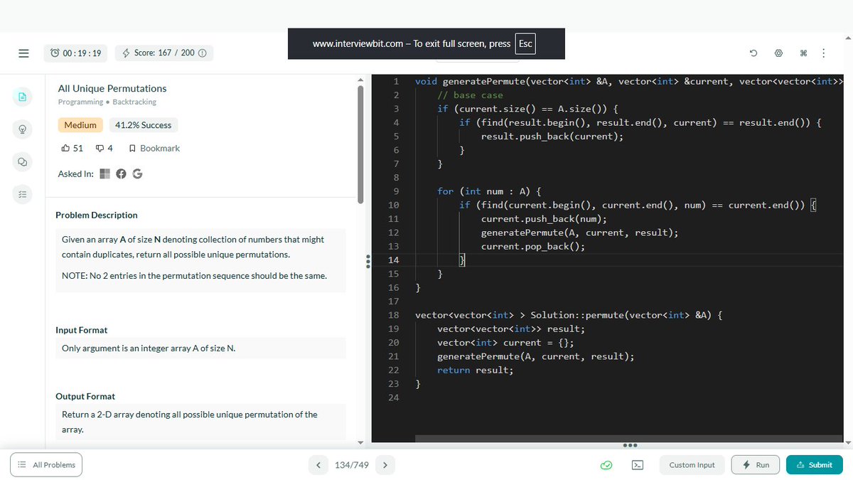 rasprogrammer's tweet image. Problem: Generate all unique permutations of an array.
Approach: Backtracking + duplicate check using result storage.
Language: C++
Time: O(n * (n!)^2) (inefficient due to duplicate checking)
#DSA #100DaysOfCode #LeetCode #DevCommunity