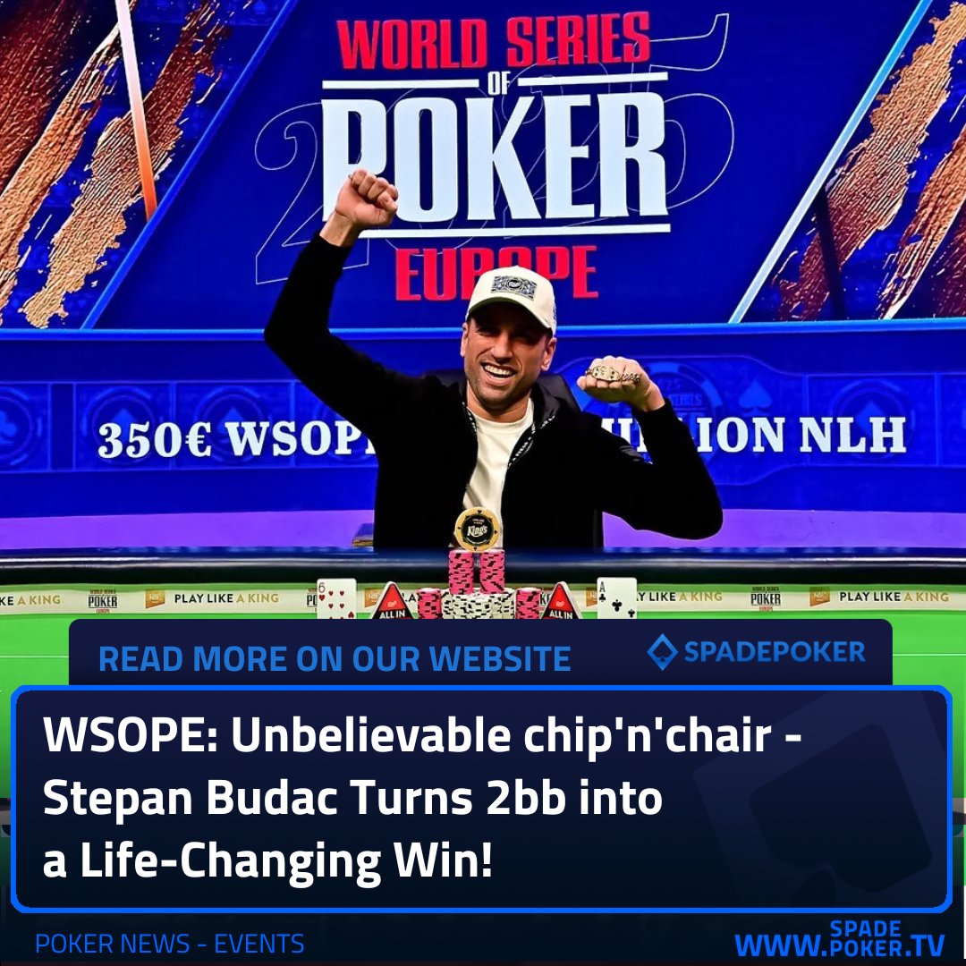 SpadepokerTV's tweet image. From 2BB to a bracelet! 🇲🇩 Stepan Budac wins WSOPE Event #2 (€350 King’s Million) for €113,350 after a wild chip-and-a-chair run (AA → 4 doubles), defeating Germany’s Jan Kohl. 3,229 entries, €949,326 prize pool. 🔥
spadepokertv.com/en/news/wsope-…

#WSOPE #ChipAndChair #SpadePoker