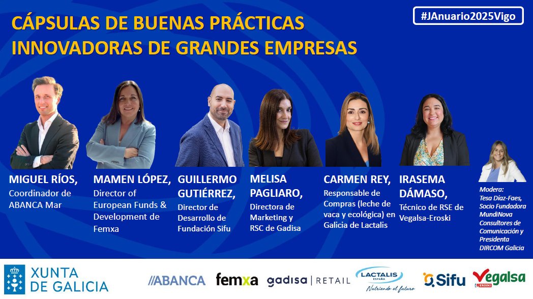 Corresponsables's tweet photo. "Es el momento para comenzar la mesa de empresas ‘APRENDIZAJES Y RETOS PARA LIDERAR LA SOSTENIBILIDAD’ del #JAnuario2025VIGO con: 

✅ Miguel Ríos, de @SomosABANCA
✅ Mamen López, de @femxafx
✅ Guillermo Gutiérrez, de @grupo_sifu
✅ @melpagliaro, de @gadis
✅ Carmen Rey, de @lactalis_es
✅ Irasema Dámaso, de #Vegalsa - @EROSKI

✅Modera: @tesadiazfaes, Presidenta de @DircomSpain Galicia.

EN DIRECTO👉 https://t.co/3n08ThIWKh "