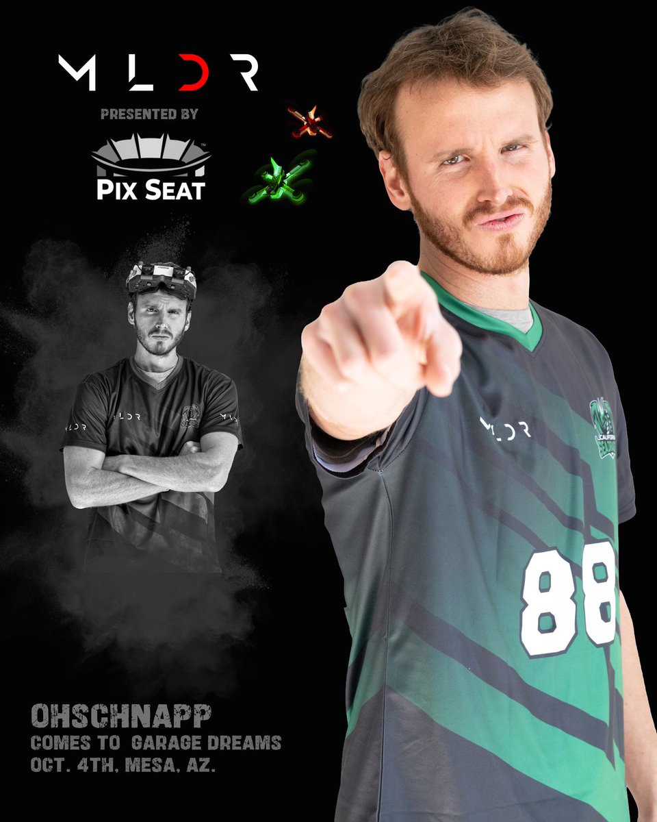 the_MLDR's tweet image. 🚨 ohschnapp is coming to Mesa! 🚨
On Oct 4th @ Garage Dreams, he teams up with R3 in a 2v2v2 battle for the MLDR(2) World Championship Belts 🏆⚡

Don’t miss the action. #MLDR #DroneRacing #WorldChampionship
