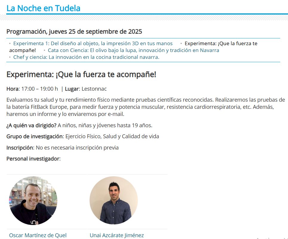 Si este jueves estás por Tudela y quieres que evaluemos tu condición física y composición corporal, puedes acercarte a la #NIGHTSpain, #NocheEuropeaInvestigadores  #EuropeanResearchersNight

unavarra.es/nocheinvestiga… 
tudela.es/noticia/la-upn…